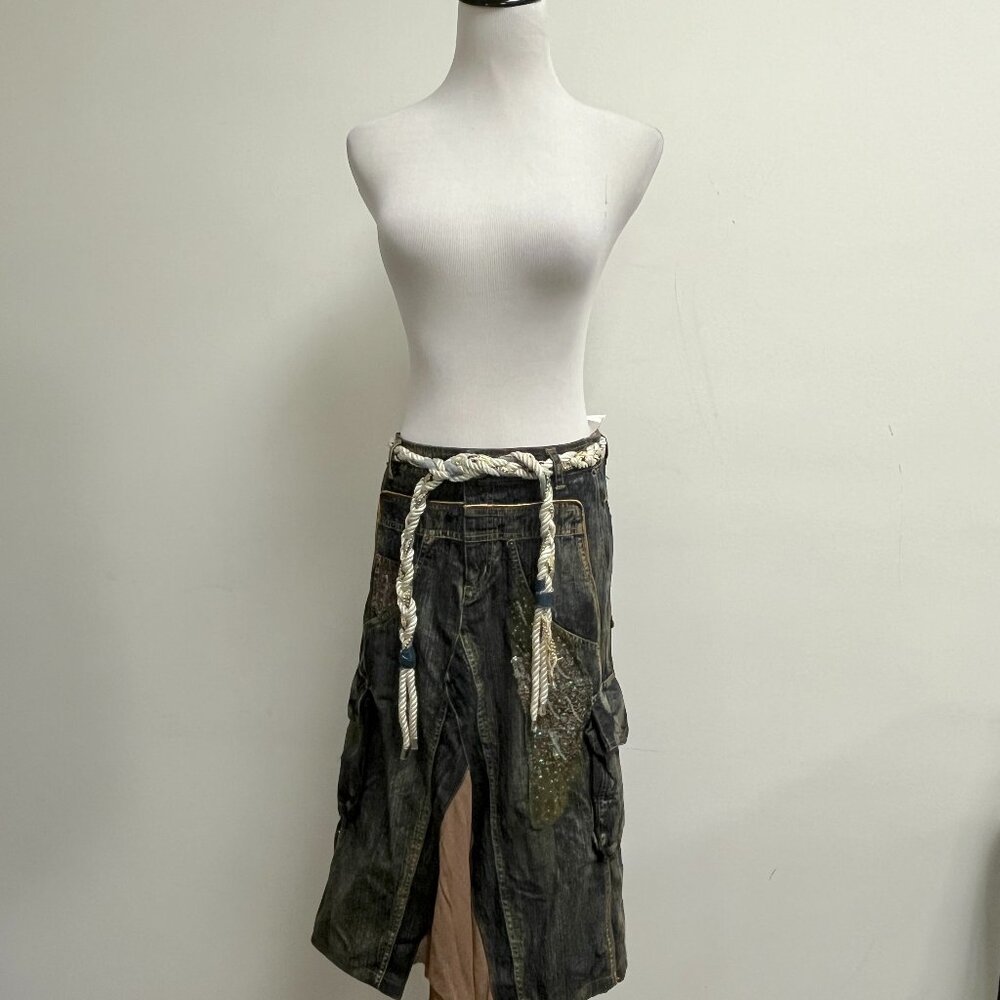 Hazel blue denim sequin embroidered midi zip fly lined skirt S ANTRHOPOLOGIE NWT